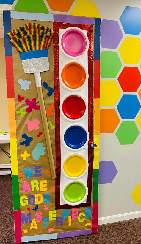 Shapes And Colors Classroom Door, Gods Masterpiece Classroom Decor, We Are Gods Masterpiece Craft, Classroom Door Themes Elementary, Art Class Door Decorations, We Are Gods Masterpiece Bulletin Board, We Are God's Masterpiece, Catholic Schools Week Door Decoration, Art Room Door Ideas