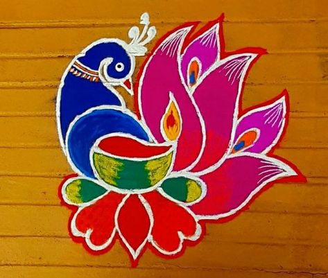 Rangoli Pic, Rangoli For Kids, Paint Rangoli, Diwali Rangolis, Peacock Rangoli Designs, Peacock Kolam, Simple Rangoli With Dots, Rangoli Designs For Competition, Very Easy Rangoli Designs