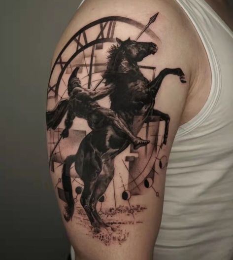 Horse And Warrior Tattoo, Spartan Horse Tattoo, Knight Riding Horse Tattoo, Gladiator Horse Tattoo, Horse Warrior Tattoo, Roman Horse Tattoo, Knight Horse Tattoo, Horse Rider Tattoo, Horse Sleeve Tattoo