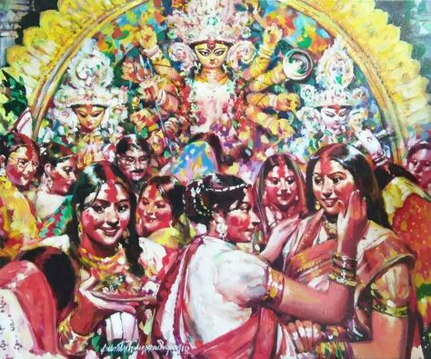 Subrata Gangopadhayay - Sindur Khela, Durga Puja, Acrylic on Canvas, Green, Red, Yellow colors"In Stock" For Sale at 1stDibs Sindur Khela Durga Puja, Bengali Culture, Modern Portrait, Dada Art, Paint Canvas, Modern Portraits, Figurative Painting, Durga Puja, Canvas Acrylic