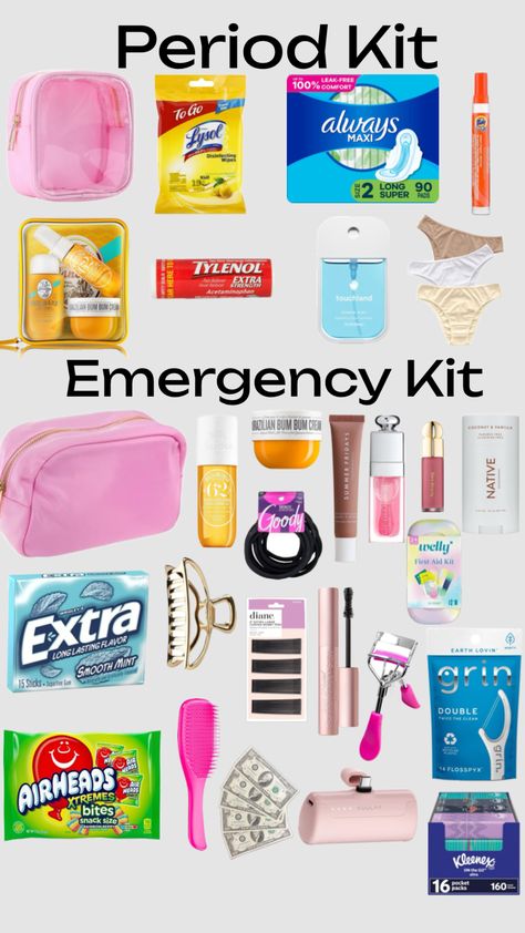 #school #emergencykit Uni Supplies, Middle School Essentials, School Emergency Kit, Preppy School Supplies, Girl Kit, Pretty School Supplies, Period Kit, School Must Haves, After School Routine