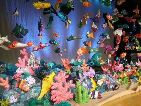 Art show display, Coral Reef Upcycled Coral Reef, Coral Reef Display, Hoco Decor, Art Show Display, Spongebob Crafts, Miniature Theatre, Ocean Sensory, Scuba Vbs, Coral Reef Art