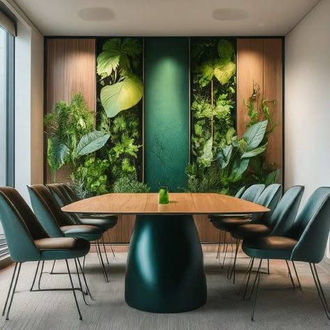 Green Meeting Room Design, Santorini Garden, Board Meeting Room, Green Office Design, Biophilic Office, Coworking Design, Bank Interior, Futuristic Office, Office Reception Design