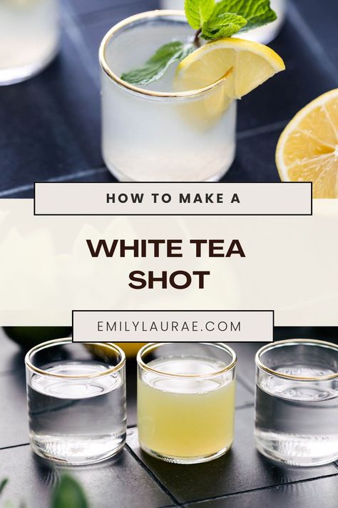 Light, sweet, and refreshing, this White Tea Shot recipe is certain to become part of my planning repertoire. Made with just 4 simple ingredients in as many minutes, these batchable white tea shots are balanced, and easy to enjoy! White Tea Shot Recipe, Homemade Sour Mix, Summer Drink Ideas, Shot Board, Alcohol Shots, Herb Drink, Adult Tea Party, Jump Party, Ski Jump