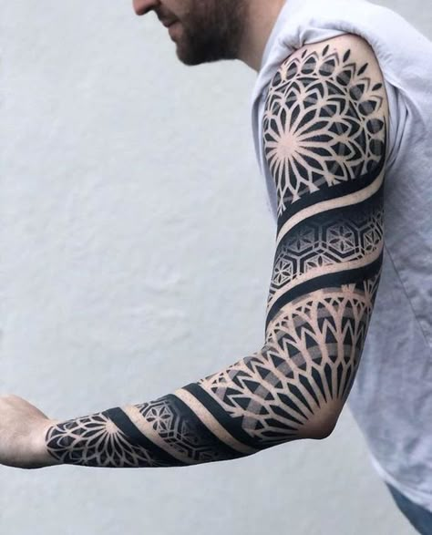 Geometric Tattoo Sleeve Designs, Mandala Tattoo Sleeve, Geometric Mandala Tattoo, Geometric Sleeve Tattoo, Forearm Band Tattoos, Full Arm Tattoos, Geometry Tattoo, Bicep Tattoo, Geometric Tattoo Design