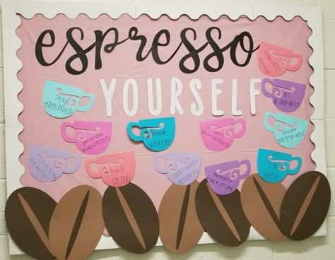 RA bulletin board. Coffee theme. "Espresso yourself" welcoming weekend. August back to school bulletin board. August Bulletin Boards, Dorm Bulletin Boards, Res Life Bulletin Boards, Resident Assistant Bulletin Boards, Door Decorations College, Office Bulletin Boards, Welcome Bulletin Boards, College Bulletin Boards, Ra Themes