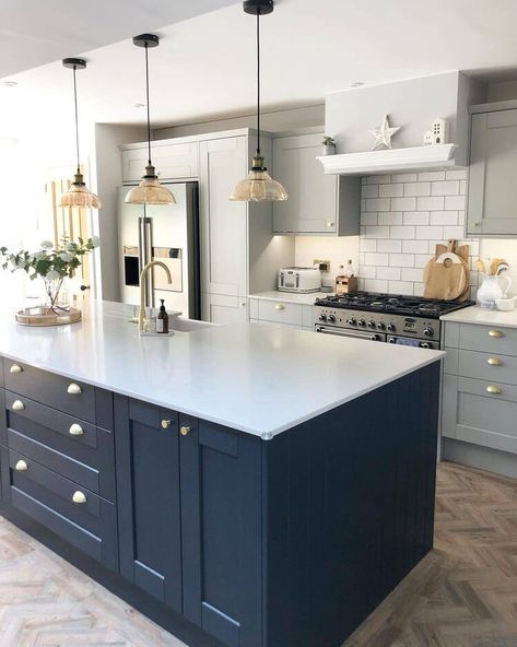 Kitchens: How to prioritise quality and where to save pennies | Fifi McGee Light Grey Kitchen Cabinets, Blue Kitchen Designs, Major Kitchen Appliances, Two Tone Kitchen Cabinets, Light Grey Kitchens, Light Gray Cabinets, Navy Kitchen, Blue Kitchen Cabinets, Two Tone Kitchen