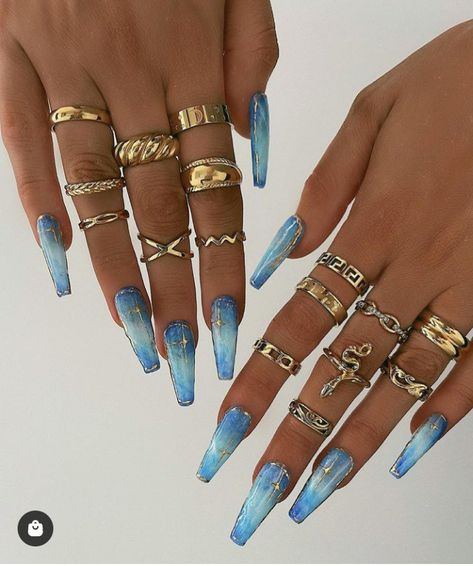 Blue Nails With Gold, Nails With Gold, Light Blue Nails, Edgy Nails, Vibrant Nails, Acrylic Nails Coffin Pink, Nail Ring, Trendy Nail Design, Acrylic Nails Coffin