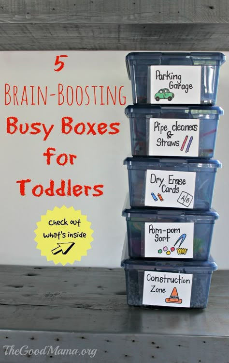 5 Brain-Boosting Busy Boxes for Toddlers The Ultimate Party Week 51 Toddler Box Activities, Brain Box Ideas, Dollar Store Sensory Bins Preschool, Toddler Busy Bins, Busy Bins For Toddlers, Busy Boxes For Toddlers, Quiet Boxes, Quiet Time Boxes, Quiet Time Activities