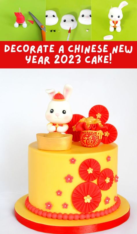 Decorate a Chinese New Year 2023 Cake! Year Of The Rabbit Cake, Cny Cake, 100 Day Party, 2023 Cake, New Years Food, Chinese New Year Food, Chinese New Year 2023, Chinese New Years, Rabbit Cake