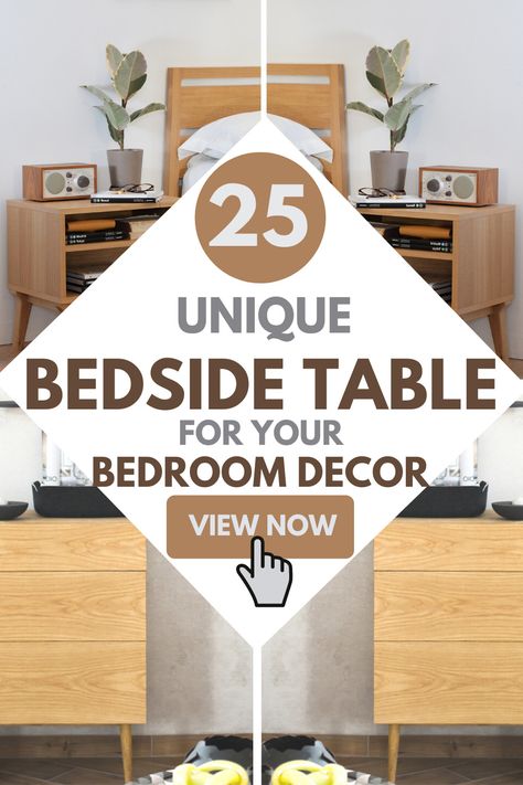 25 Unique Bedside Table Design Ideas for your home. Explore them all #bedside #table #design #inspiration Minimalist Bedside Table Decor, Round Bedside Table Ideas, Creative Bedside Table Ideas, Decorate Bedside Table, Round Night Stand Bedside Tables, Bedside Table Ideas Aesthetic, Bedroom Side Tables Night Stands, Unique Bedside Table Ideas, Bedside Table Design Ideas