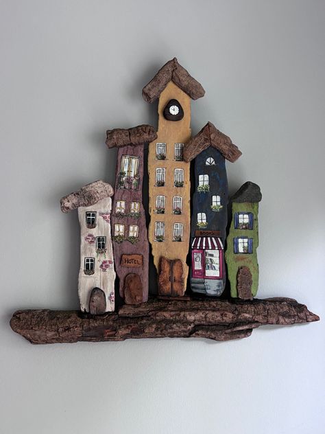 Houses on Main Street. Handmade from hand collected Hudson River driftwood. My art is inspired by nature, the things I see around me are my muse. Each item is hand picked and I put my time and effort into making each one of my pieces stand out from one another. From the river bank to you're home. Room Decor Homemade, Homemade Room Decor, Driftwood Houses, Driftwood Art Diy, Homemade Art, Beach Finds, Wooden Houses, Driftwood Crafts, River Bank