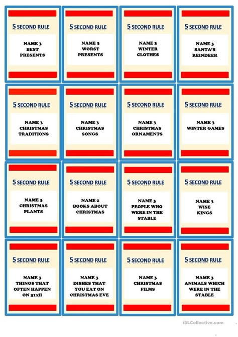 Christmas - 5 second rule - English ESL Worksheets for distance learning and physical classrooms 5 Second Rule Game Questions, Name 5 Game, 5 Second Rule Game, Valentines Board, 5 Second Rule, Family Games To Play, Adult Card Games, Game Questions, Church Games