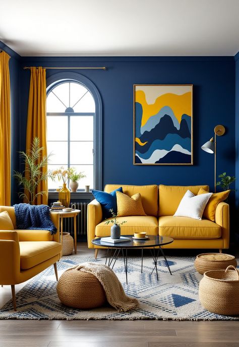 Blue and Yellow Boho Decor Navy Blue And Mustard Living Room, Yellow And Blue Living Room, Blue And Mustard Living Room, Mustard Living Rooms, Textured Cushions, Boho Decor Ideas, Boho Inspo, How To Mix, Blue Living Room