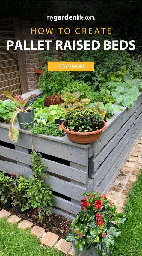 Raised Garden Beds Pallets How To Build, Pallets For Plants, Wooden Flower Bed Ideas, Standing Garden Beds Layout, Wood Pallet Garden Ideas Raised Beds, Recycled Raised Garden Beds, Pallet Garden Boxes Raised Beds, Diy Flower Boxes Planters Pallet Wood, Raised Garden Beds Diy Pallets