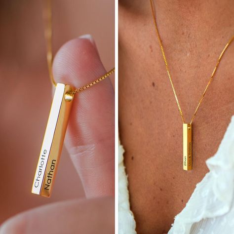 Gold Custom Engraved 3D Vertical Bar Necklace Personalized | Etsy Gold Bar Necklace Engraved, Jewelry Text, Gold Bar Necklace Personalized, Custom Engraved Bracelet, Engraved Bar Necklace, Personalized Engraved Gifts, Vertical Bar Necklace, Bar Necklace Personalized, Vertical Bar