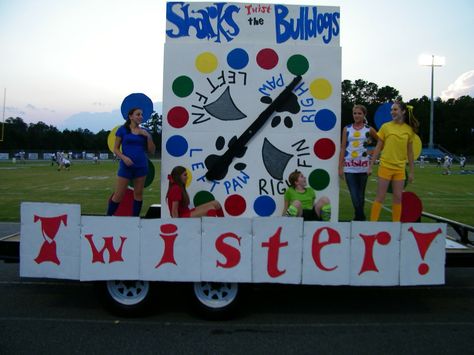 Twister parade float #homecoming Homecoming Floats High School, Homecoming King And Queen, High School Ideas, Parade Float Theme, Parade Float Ideas, Halloween Block Party, Board Game Themes, Homecoming King, Homecoming Floats