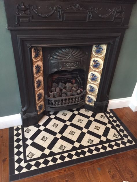 The colliford design in black and white, also including an eccastic or decorated tile. Many more colour options Edwardian Fireplace Tile, Fireplace Flooring, Christmas Decor Fireplace, Tiled Hearth, Fireplace Christmas Decor, Victorian Fireplace Tiles, Fireplace Hearth Tiles, Remodel Fireplace, Edwardian Fireplace