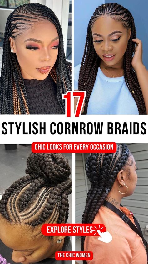 17 Chic Cornrow Braided Hairstyles You Need to Try Natural Hair Cornrow Style, Knotless And Cornrows, Cornrow Feed In Braids Hairstyles, Feed In Box Braids Hairstyles, Natural Braided Hairstyles Cornrow, Up Braids Hairstyles, Straight Up Styles Braids, Cornrow Bob Braids Hairstyles, Corn Row Braids Natural Hair