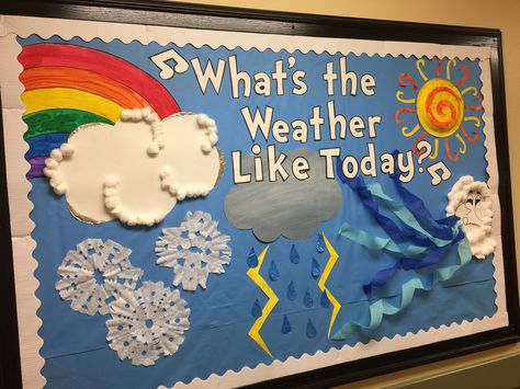 Weather Bulletin Board #primrosekingwood Prek Science Bulletin Board, What’s The Weather Theme For Infants, Whats The Weather Bulletin Board, Weather Bulletin Board Kindergarten, Weather Classroom Display, Weather Displays Eyfs, Weather Themed Classroom Door, Weather Theme Decorations, Whats The Weather Infant Theme