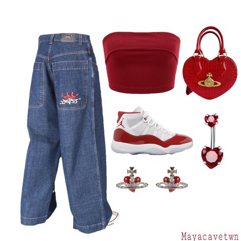 Red Core Outfits, Jordan 11 Cherry Red Outfit, Cherry Red Outfit Aesthetic, Vivienne Westwood Outfits, Cherry 11s Outfit, Red Streetwear Outfit, Cute Red Outfits, Red And Blue Outfit, Red Vivienne Westwood