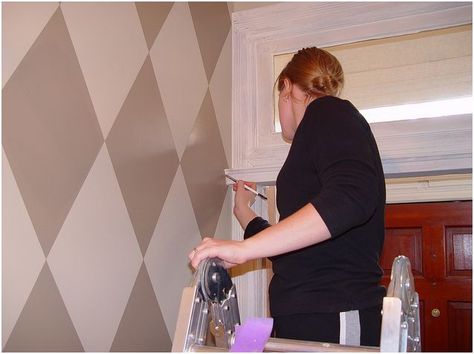 painted harlequin wall Pink Laundry Rooms, Lovely Sunday, Shoe Molding, Diamond Wall, Harlequin Pattern, I'm Tired, Entry Hall, Creative Painting, Painting Tips