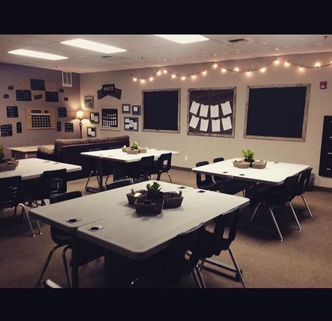 Teach Like You Mean It: My Classroom Transformation: A Cafe for ... Desk Grouping Ideas Classroom, Men’s Classroom Decor, Classroom With Lights, Lights In Classroom Ideas, Classroom Asthetic Picture, Lights In Classroom, Highschool Aesthetic Classroom, Classroom Seating Ideas, Classroom Lighting Ideas