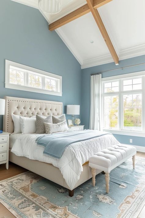 50+ Blue Bedroom Ideas for A Beautiful Calm Home – CreativeBooster Dusty Blue Room Decor, Dusty Blue Bedroom, Blue Bedroom Paint, Light Blue Bedroom, Beautiful Bed Designs, Blue Bedroom Walls, Calming Environment, Blue Bedroom Design, Tranquil Bedroom