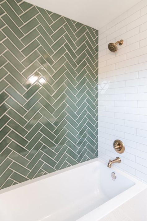 Herringbone Tile Bathroom, Small Bathroom Interior, Small Bathroom Makeover, Bathroom Redesign, Hall Bathroom, Bathroom Idea, Bathroom Tub, Bathroom Remodel Shower, Bathroom Remodel Designs