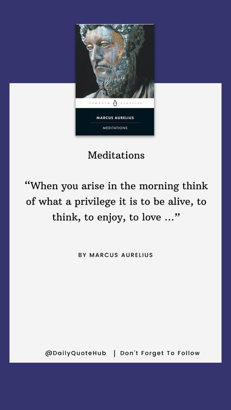 This philosophical work is a collection of personal reflections by the Roman Emperor Marcus Aurelius. It offers guidance on self-discipline, resilience, and understanding one's place in the universe. Rooted in Stoic philosophy, the book emphasizes the importance of inner peace, rational thinking, and accepting what we cannot control.

#Stoicism #Philosophy #SelfImprovement Stoicism Philosophy, Aurelius Quotes, Marcus Aurelius Meditations, Rational Thinking, Comfort Space, Marcus Aurelius Quotes, Stoic Philosophy, Philosophy Books, Quotes Of The Day