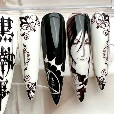 Amie on Instagram: "Unveil the elegance and mystery of Black Butler with our stunning, inspired nail set!  Whether you’re attending a Phantomhive ball or tackling daily tasks, various lengths are ready to suit your style! 💅🌟🖤  #blackbutlernails" Rainbow Nails Design, Dark Elegance, Acrylic Nail Set, Gothic Nails, Anime Nails, Stiletto Nails Designs, Ombre Nail Designs, Short Nail Designs, Nail Designs Spring