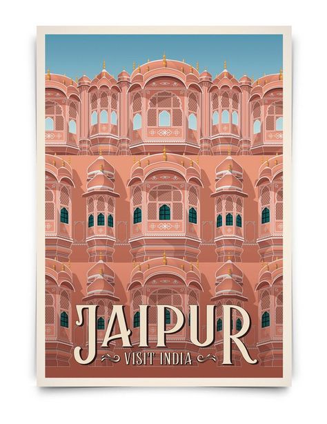 Jaipur Palace, Surf Poster, Tourism Poster, Visit India, City Drawing, Vintage Travel Poster, Indian Art Paintings, Travel Illustration, Decoration Wall