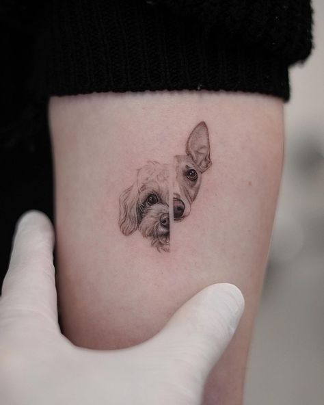 Two Dogs Together Tattoo, Cute Pet Tattoos Dogs, Tattoo For Two Dogs, Tattoos Of Pets, Half Dog Face Tattoo, Tattoo Ideas Of Dogs, Microrealism Dog Tattoo, Cool Dog Tattoo Ideas, Tattoo Dogs Ideas