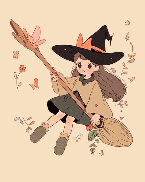 Witch Book Drawing, Cute Witch Outfits Drawing, Halloween Poses Reference, Witch Cartoon Aesthetic, Cute Witch Aesthetic, Cute Witch Illustration, Witchy Cottagecore Aesthetic, Cozy Wallpaper, Pagan Inspiration