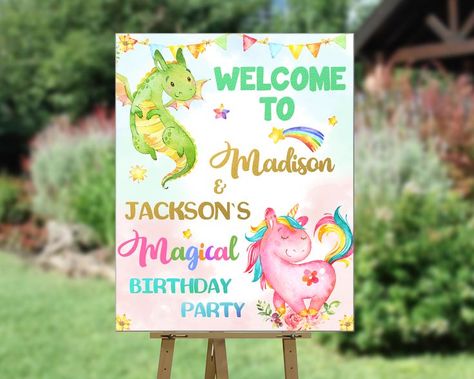 Dragon Unicorn Party, Dragon And Unicorn Birthday Party, Unicorn And Dragon Birthday Party, Boy And Girl Birthday Party Themes, Unicorn Welcome Sign, Unicorn And Dragon, Birthday Twins, Dragon Birthday Parties, Knight Party