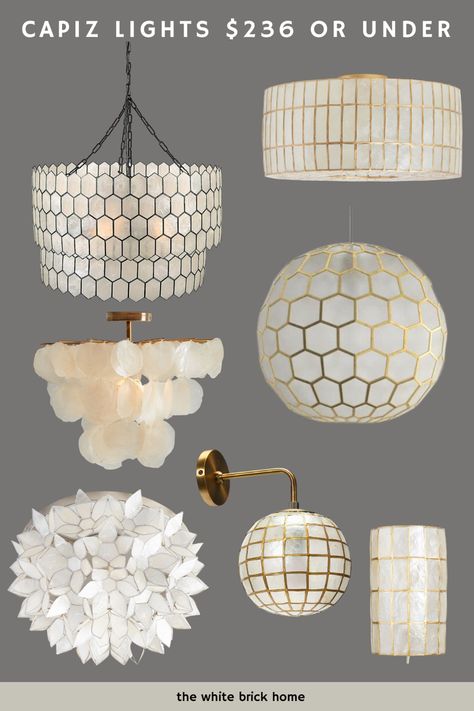 Gold Capiz light, Capiz sconce, Capiz flush mount, Capiz chandelier, gold light, lighting updated, light for a bedroom, lighting update, sconces, gold sconces, Serena and lily light dupe, light dupes for Serena and lily, nautical lights, light ideas Chandelier Dining Room Globe, Capiz Shell Chandelier Dining Room, Gold Capiz Drum Flush Mount Ceiling Light, Capiz Chandelier Bedroom, Capiz Honeycomb Pendant, Flush Mount Chandeliers Dining Room, Feminine Light Fixtures, Capiz Flush Mount Light, Capiz Flushmount