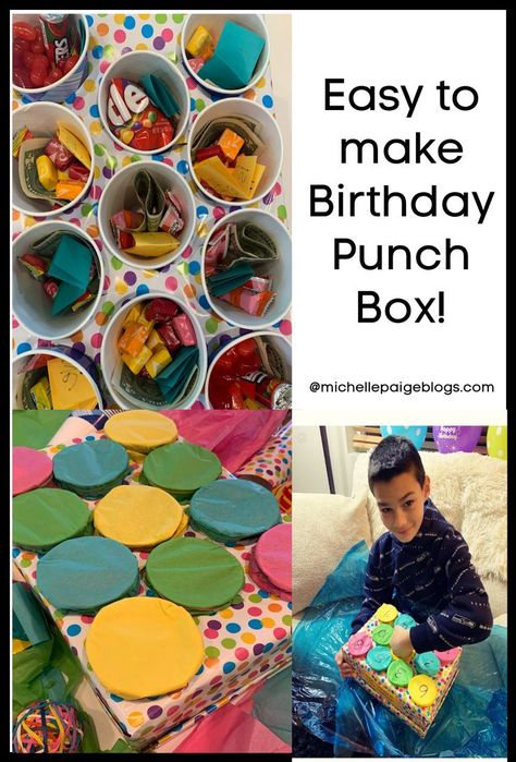 Fun birthday gift idea-- a punch board box! Easy to follow instructions @michellepaigeblogs.com Birthday Poke Board Gifts, How To Make A Prize Punch Board, Christmas Punch Box Diy, How To Make A Punch Box Gift, Birthday Gift Board With Cups, Punch Out Birthday Gift, Birthday Gift Game Ideas, Punch Cups Game Birthday, Punch Gift Ideas