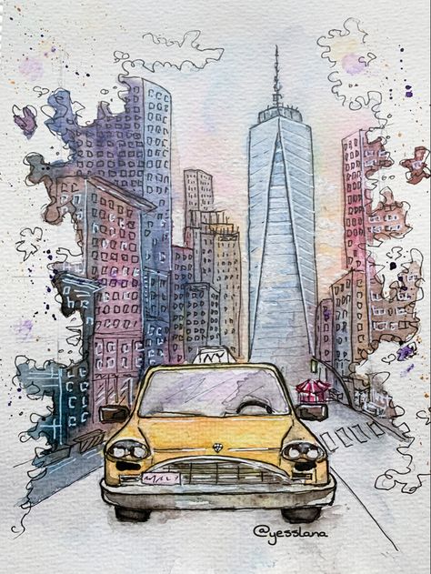 Abstract City Drawing, New York Taxi Drawing, City Drawing Sketches Cityscapes, Nyc Watercolor Painting, New York Buildings Drawing, Dream City Drawing, Taxi Sketch, Ny Drawing, New York Watercolor Painting