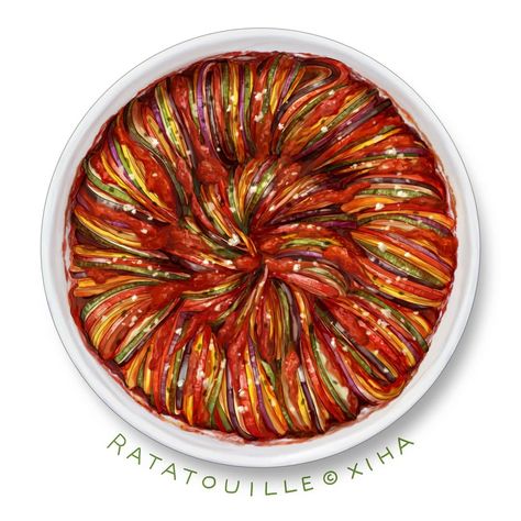 Ratatouille Dish, Idle Game, Ratatouille Recipe, Recipe Drawing, Food Illustration Art, Food Fantasy, Cute Food Art, Illustration Food, Food Stickers