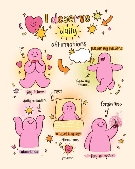 Remember, you deserve all the good things life has to offer! Embrace these affirmations and let positivity flow into your life. 💖 #SelfLove #Affirmations #GoodVibesOnly #mrbubbles #nimbus #petals #jessdessin #illustration #cuteillustrations #characterdesign #art #digitalart Letting Things Go Quotes, Things To Be Grateful For, Deserve Affirmations, Positive Illustration Art, I Deserve Good Things, Mental Positivity, Quotes For Morning, Affirmation Prints, Positivity Art