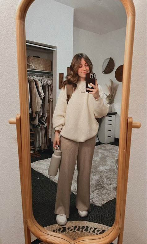 Snow Day Outfit For School, Lazy Modest Outfit, Neutral Modest Outfits, Christian Teacher Outfits, Neutral Casual Outfits Simple, Cozy Modest Outfits, Winter Church Dress, Teacher Comfy Outfits, Modest Fall Maternity Outfits