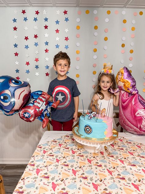 Boy And Girl Joined Birthday Party, Boy Girl Birthday Party Ideas, Boy And Girl Birthday Party, Princess Aurora Party, Aurora Party, Shared Birthday Parties, Birthday Party For Boys, Captain America Party, America Party