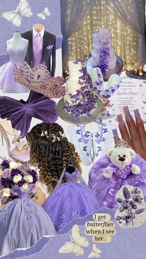 #purple#vintage #quince #quincenera #outfitinspo Quinceñera Decoration Ideas, Light Purple Quinceanera Theme, Light Purple Quinceanera, Purple Quinceanera Ideas, Quince Theme Ideas, Purple Quinceanera Theme, Butterfly Sweet 16, Purple Quinceanera, Lavender Quince