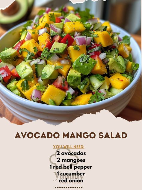 🥭🥑 Brighten your meal with Avocado Mango Salad! Fresh, vibrant, and packed with tropical flavors. #MangoMagic #HealthyEating Avocado Mango Salad Recipe 🌟 Ingredients: 2 avocados, diced (about 400g) 2 mangoes, diced (about 400g) 1 red bell pepper, diced (about 150g) 1 cucumber, diced (about 200g) 50g red onion, finely chopped 10g cilantro, chopped 1 lime, juiced (about 30ml) 15ml olive oil Salt and pepper to taste Instructions: In a large bowl, combine diced avocado, mango, red bell pepper... Avocado Mango Salad, Mango Salad Recipe, Cucumber Avocado Salad, Tropical Salad, Mango Salad, Avocado Recipes, Avocado Salad, Red Bell Pepper, Grilled Meat