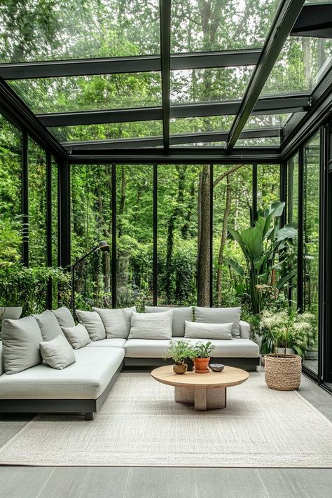 Luxurious glass-enclosed sitting area with lush greenery. An outdoor living room is where nature and luxury collide, turning your backyard into the ultimate spot for lounging, laughing, and living it up. Cream Colored Sofa, Plush Lounge Chair, Cabin Modern, Round Fire Pit, Outdoor Paradise, Outdoor Living Rooms, Wooden Pergola, Exposed Brick Walls, Outdoor Living Room