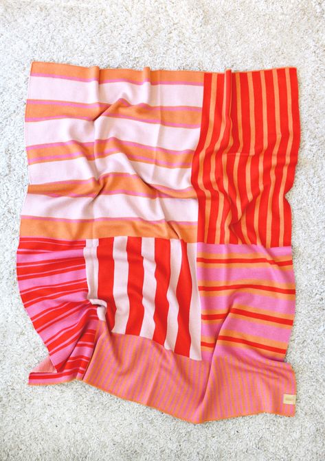 "Our Merino Wool Blankets are a dream! Oh so cozy and luxe - and the colors are rich and vibrant. Stripes on Stripes! Colorful vibrant stripe pattern blanket. A fun and easy way to add bold color and pattern to any home space. Yes - stripes are a neutral.... but these stripes are also full of personality. FRUIT PUNCH is Pink, Red, Orange on Soft Pink BEE ORCHID is Ivory, Dark Green, Lavender, and Ochre FAVORITE PAJAMAS is Light Blue, Teal, Sage and Denim Aprox 50\"x60\" 100% Merino Wool. Machine Stripes Color Combination, Bee Orchid, Pink And Red Stripes, Neutral Patterns, Color Blanket, Stripes Pattern Design, Pink Patchwork, Green Lavender, Pattern Blanket