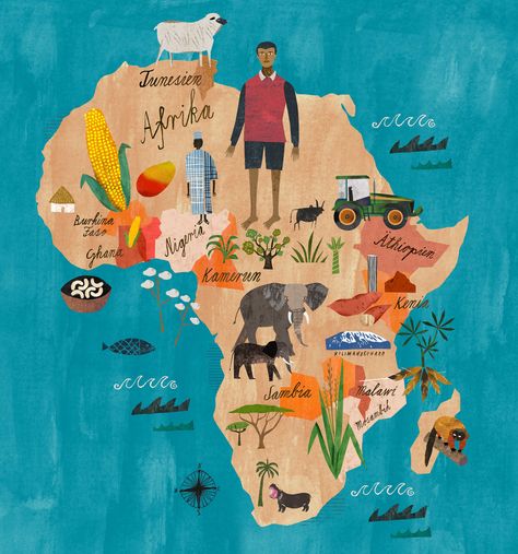 map of Africa for BMZ/Bunte Africa Map Art, Africa Illustration, Folk Illustration, Culture Day, Pictorial Maps, Hand Drawn Map, School Murals, Africa Map, Modern Map