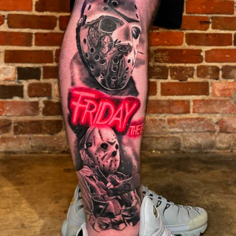 2 days in a row on @bj.mclain.83 @fountaincitytattooexpo this weekend. One of my favorites shows to attend. Thank you @thomasrandall @dreadpiraterachel for having me. My booth buddies @gagegonzalez_art @spencerwatsontattoo @gavinhooks_5 @alex.millermedia we have a blast. #fridaythe13thtattoo #jasonvoorhees #jason #tattoos #ink #inkspiredinstagram #blackandgreytattoo Using @empireinks whitewash @inkmachines @vulcanneedles Devils Rejects Tattoo, Devils Rejects, Friday The 13th Tattoo, Jason Voorhees, Black And Grey Tattoos, Having A Blast, My Favorites, This Weekend, Tattoos