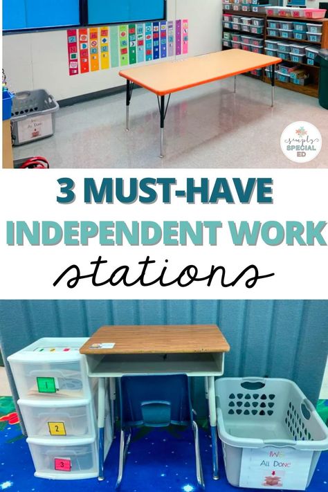 Structured work systems, also called independent work stations, are perfect for students in a self-contained classroom. These systems are visual systems that are strategically set up so students can work independently. Today I am sharing 3 structured work systems for special education students. You will find details about task box centers, three drawer work systems, and independent work binders. Students can work on file folder activities, writing or tracing, matching activities and more! Work System Tasks, Independent Work Stations Sped, Independent Work Stations Set Up, 3 Drawer Work System, Sped Classroom Centers, Special Education Independent Work Stations, Structured Classroom Special Education, Structured Work Systems, Structured Learning Classroom Setup