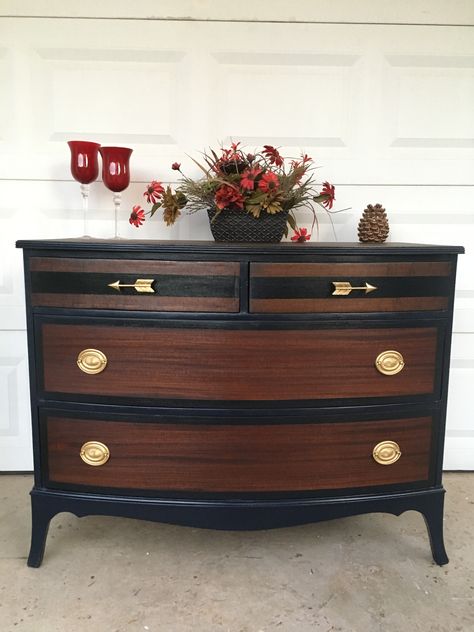 Navy Blue Dresser, Repainted Furniture, Repainting Furniture, Blue Dresser, Gold Dresser, Furniture Flip, Furniture Flips, Paint Techniques, Diy Furniture Renovation